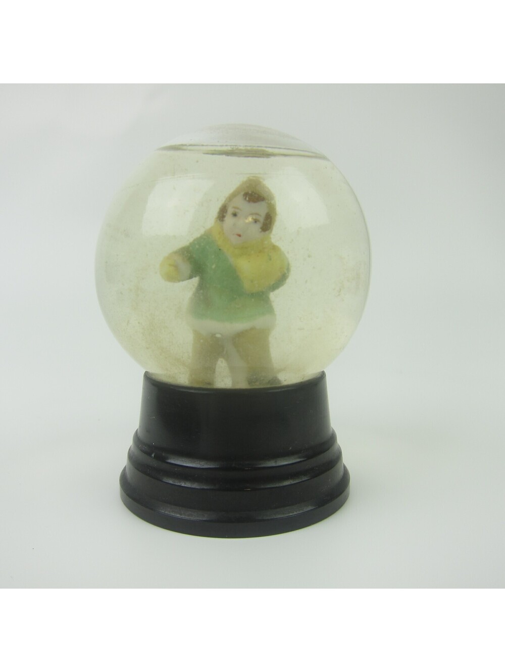 Vintage 1950s Snow Globe Girl in Green Winter Coat Yellow Scarf Hat Mittens 3.5"